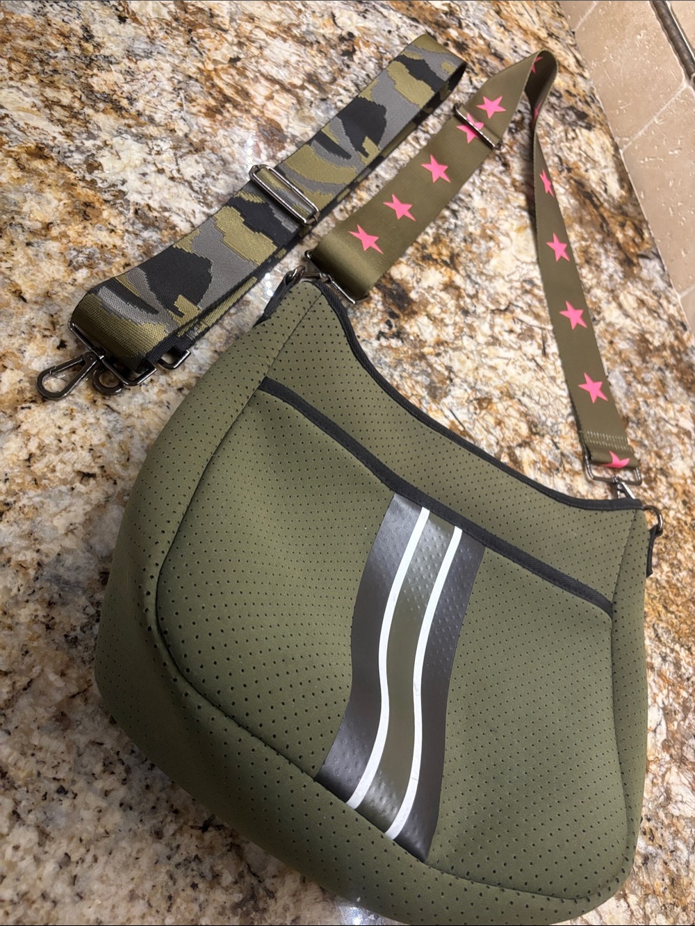 HAUTE SHORE Olive Green Crossbody Bag with Pink Star Strap